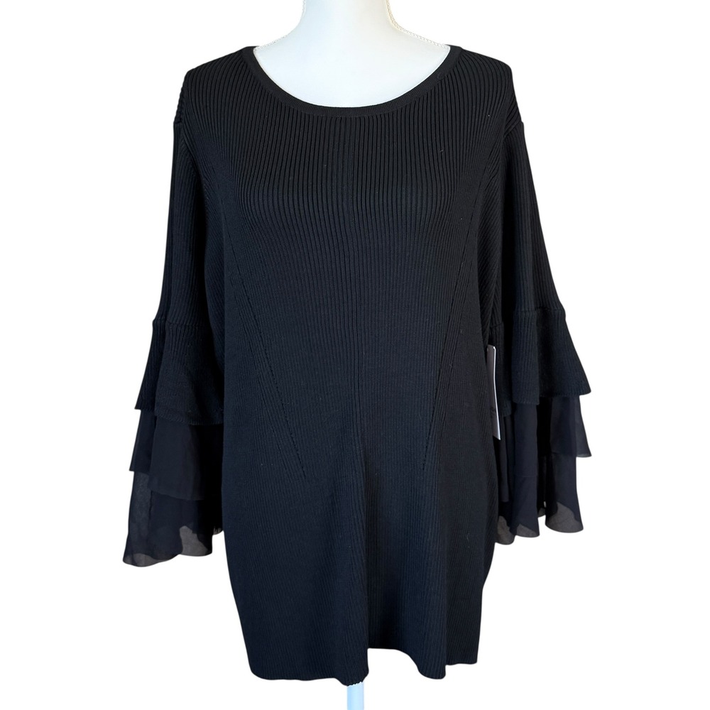 Design History Black Ribbed Knit Tunic Top 2X‎ Layered Ruffle Sleeve NEW